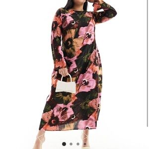 viscose slash neck midi dress with v-back detail in large black floral print